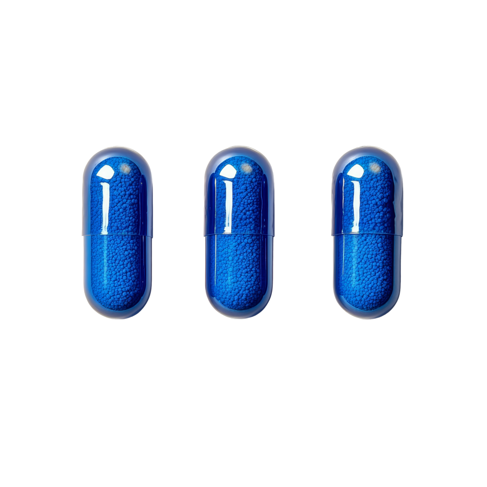 Blue capsules arranged in a row on a clean transparent surface showcasing their smooth texture, blue three pill and capsule on transparent background png