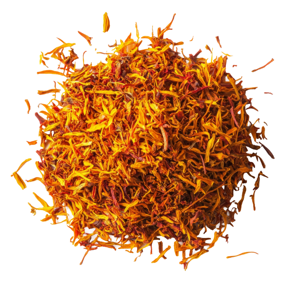 Natural saffron spice heap isolated on a transparent background showcasing vibrant color and delicate threads, Isolated heap of saffron spice png