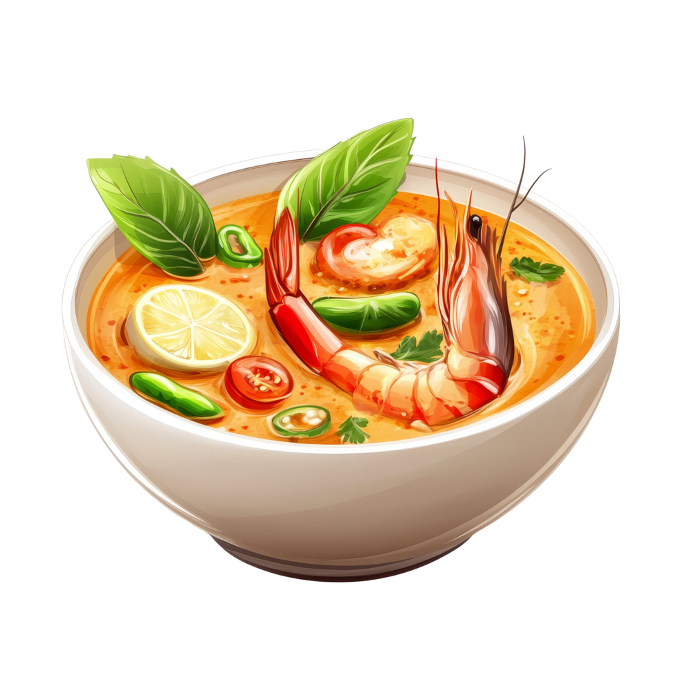 Authentic Tom Yam Kung featuring shrimp, herbs, and lime in a creamy broth on a pristine transparent background, Tom Yam Kung Thai cuisine isolated on transparent background png