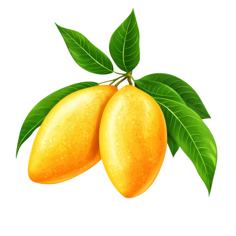 Fresh mango with vibrant green leaves on a clean transparent background showcasing the ripe fruits color and texture, mango with green leaves isolated on transparent background png