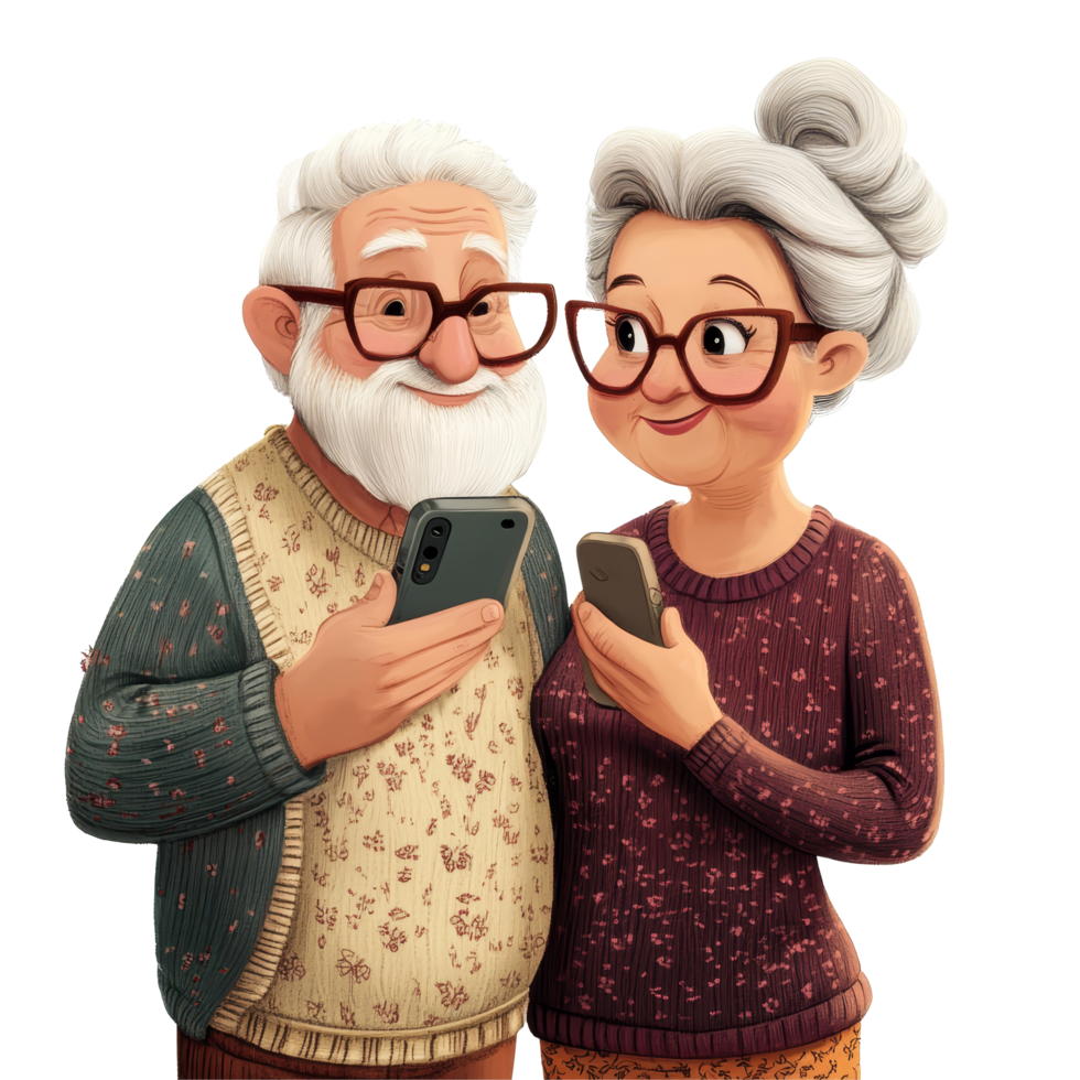 Elderly couple happily watching something together on their phones in a cozy living room, AIGenerated Cartoon Elderly Couple Watching Phone, transparent background png