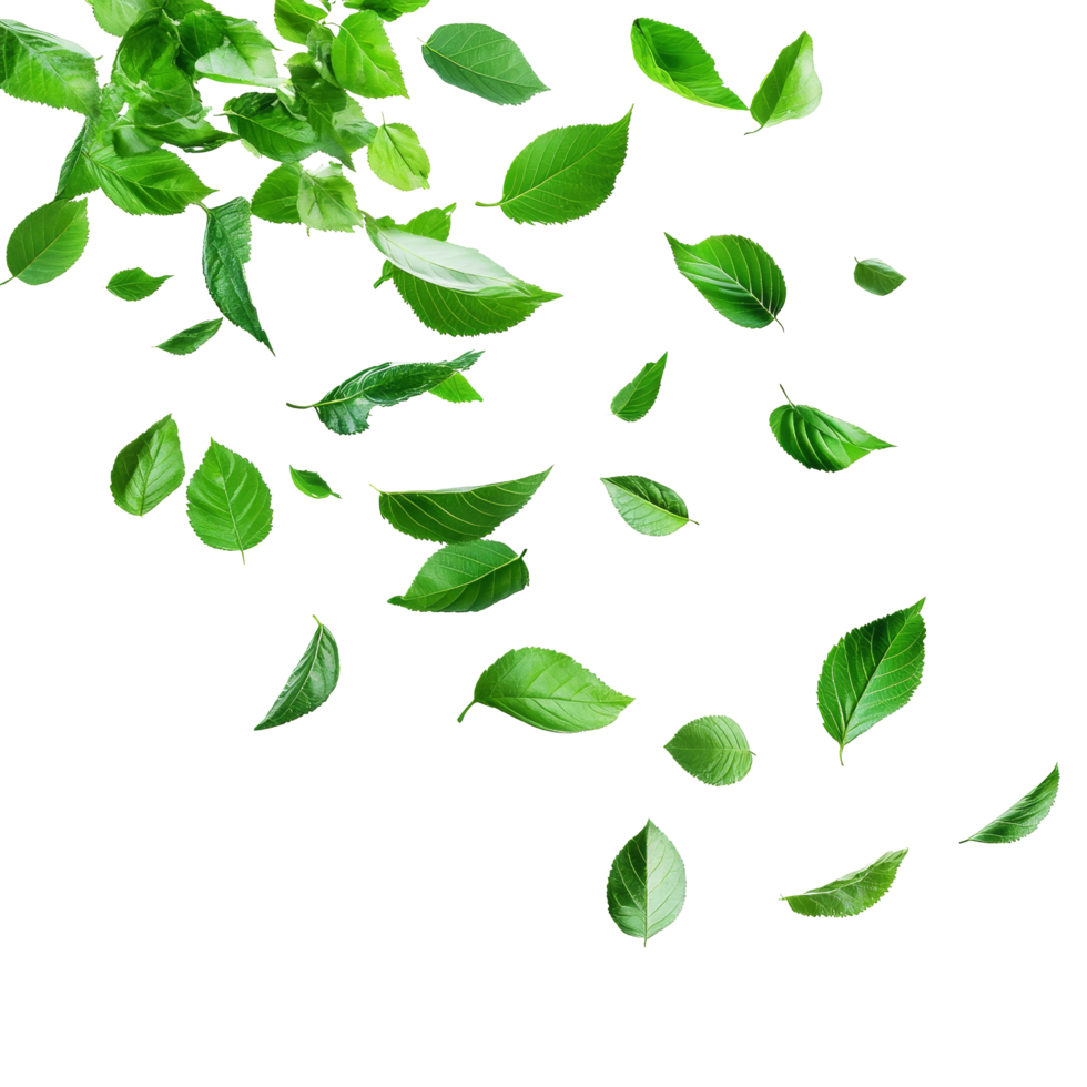 Flying green leaves gracefully scattered against a clean transparent background during a calm day in nature, flying green leaves isolated transparent background png