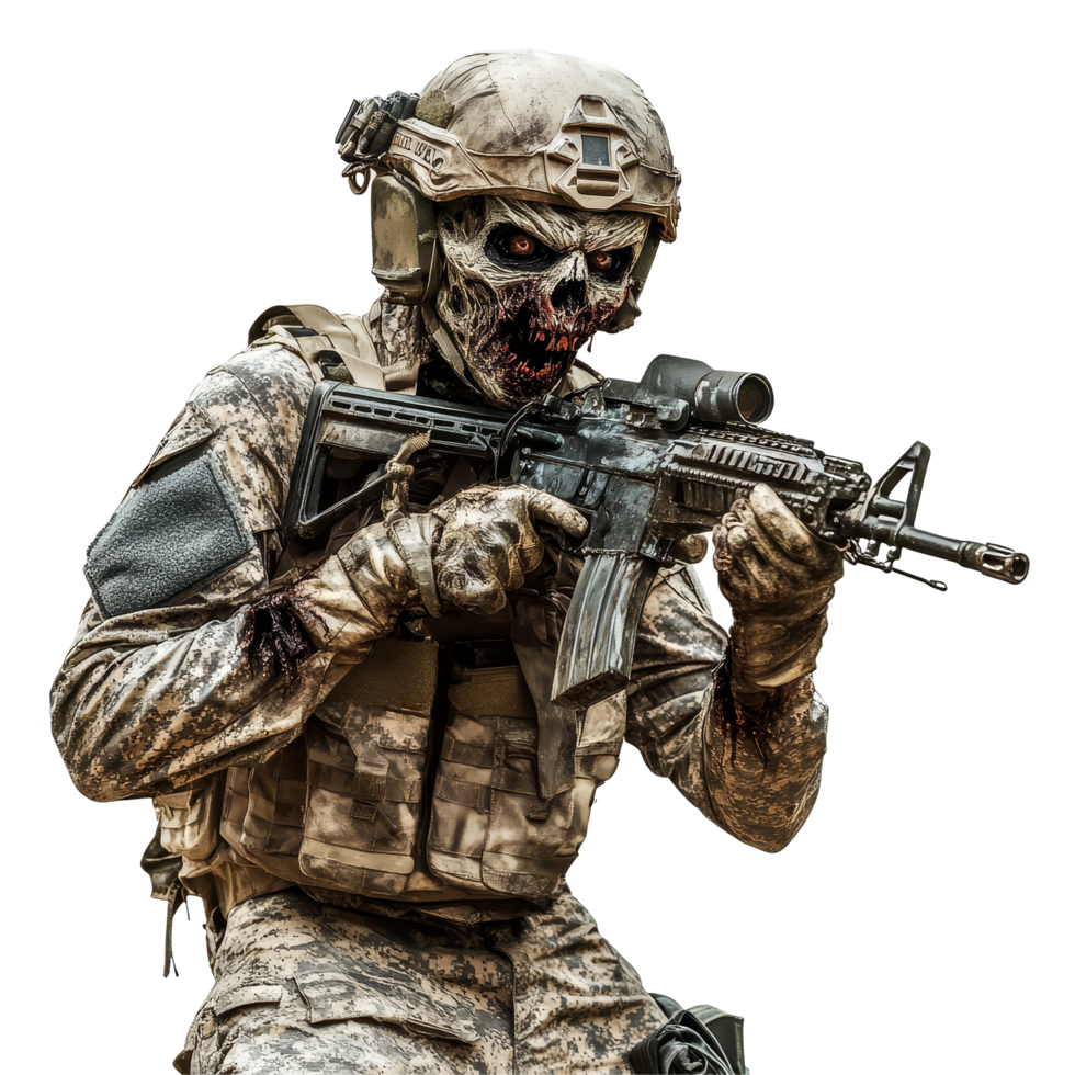 A military soldier transformed into a zombie, posing in tactical gear with a weapon against a transparent background, military soldier zombie isolated on transparent background png