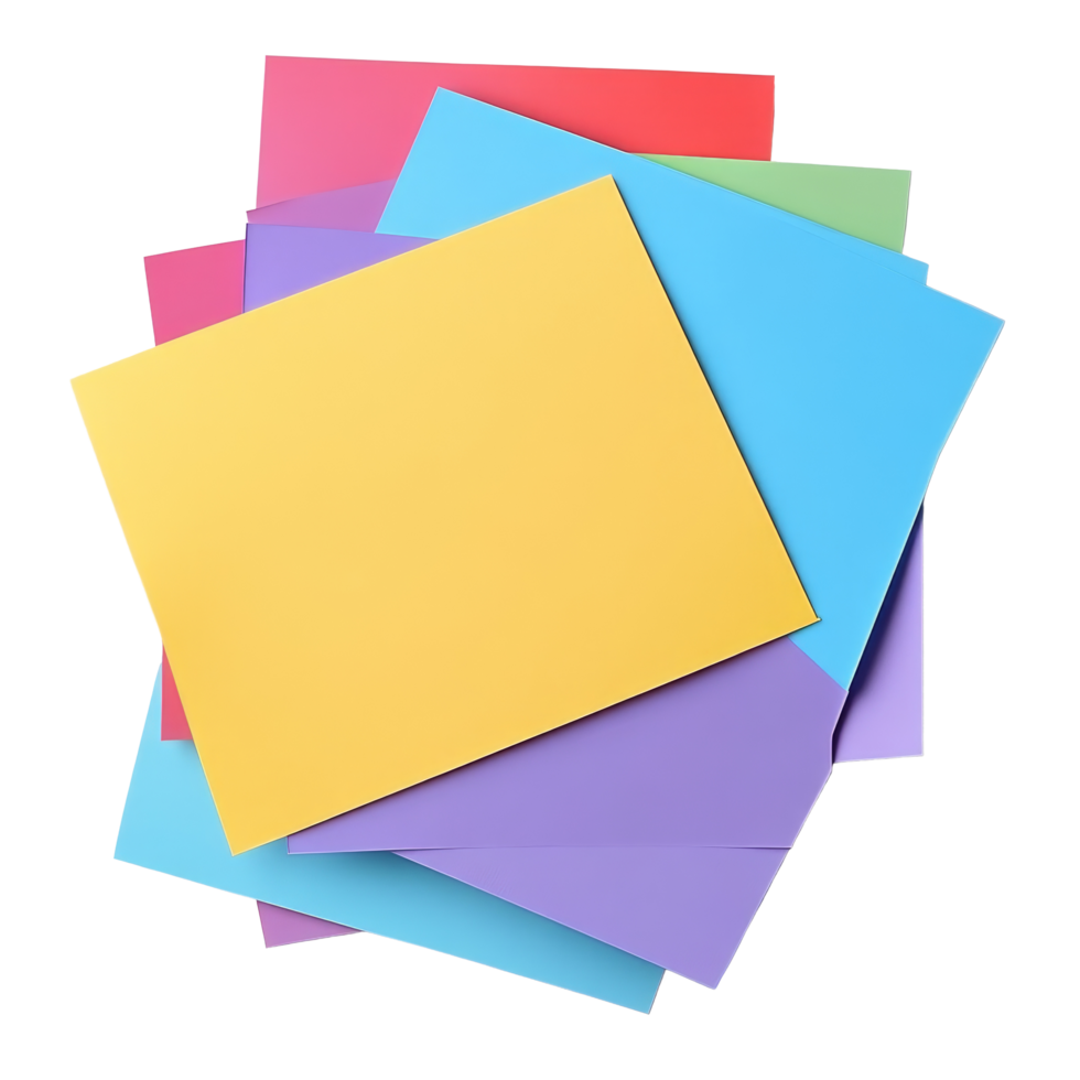 Colorful sheets of blank paper arranged on a transparent background for creative projects and designs, Blank colored paper sheet on transparent backgroundfile. png
