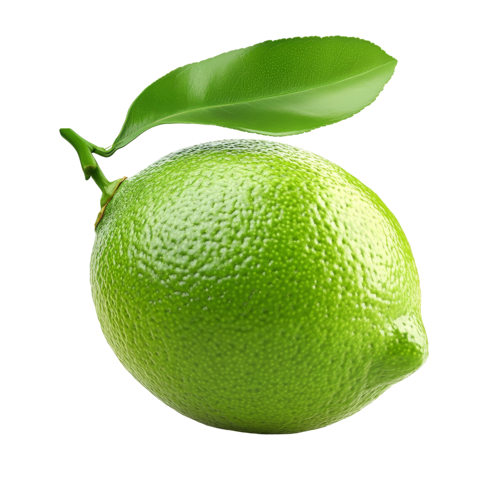 Freshly picked lime with a vibrant green leaf, isolated against a clean transparent background for vivid detail, lime with leaf isolated on transparent background png