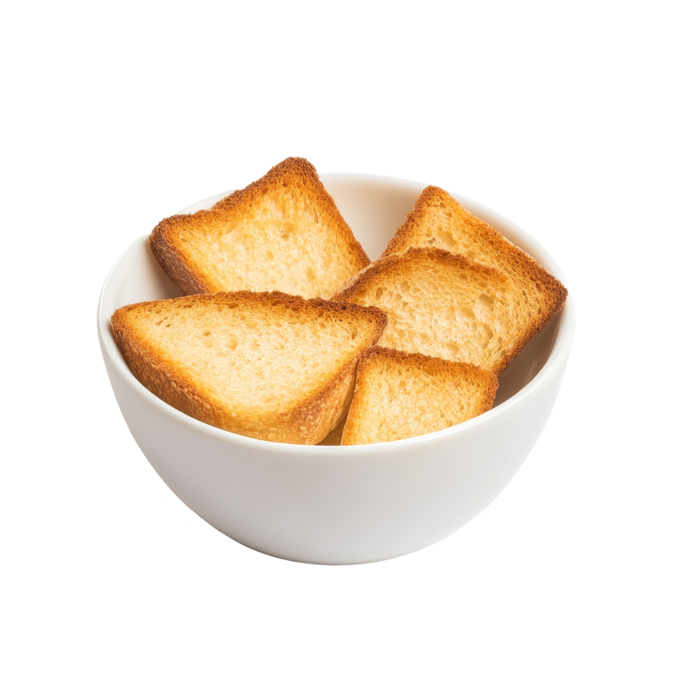 Crispy bread pieces in a transparent bowl placed on a plain transparent background showcasing their texture and color, crispy bread in transparent bowl on transparent background png