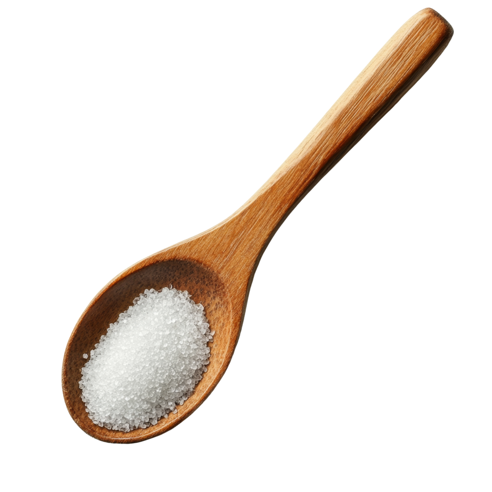 A wooden spoon filled with granulated sugar resting on a clean transparent background for cooking and baking needs, Sugar in a wooden spoon on transparent background png