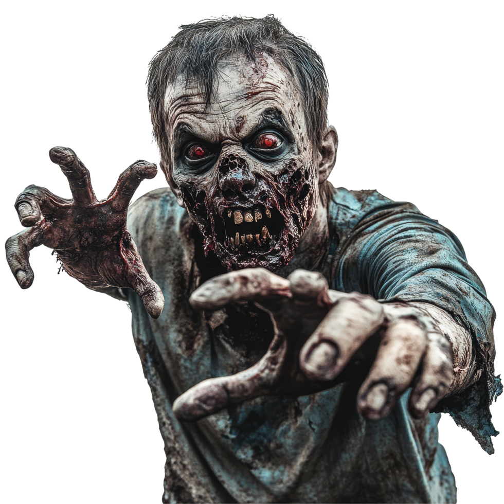 Frightening zombie with terrifying features reaching out on a stark transparent background, Scary Zombie on transparent background Frightening Horror png