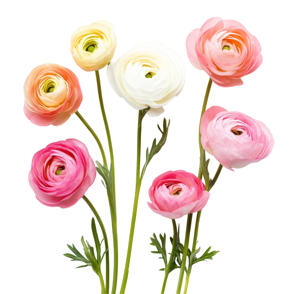 Delicate ranunculus flowers in soft hues arranged artistically on a clean transparent background for a fresh look, ranuculus flowers isolated on transparent background png