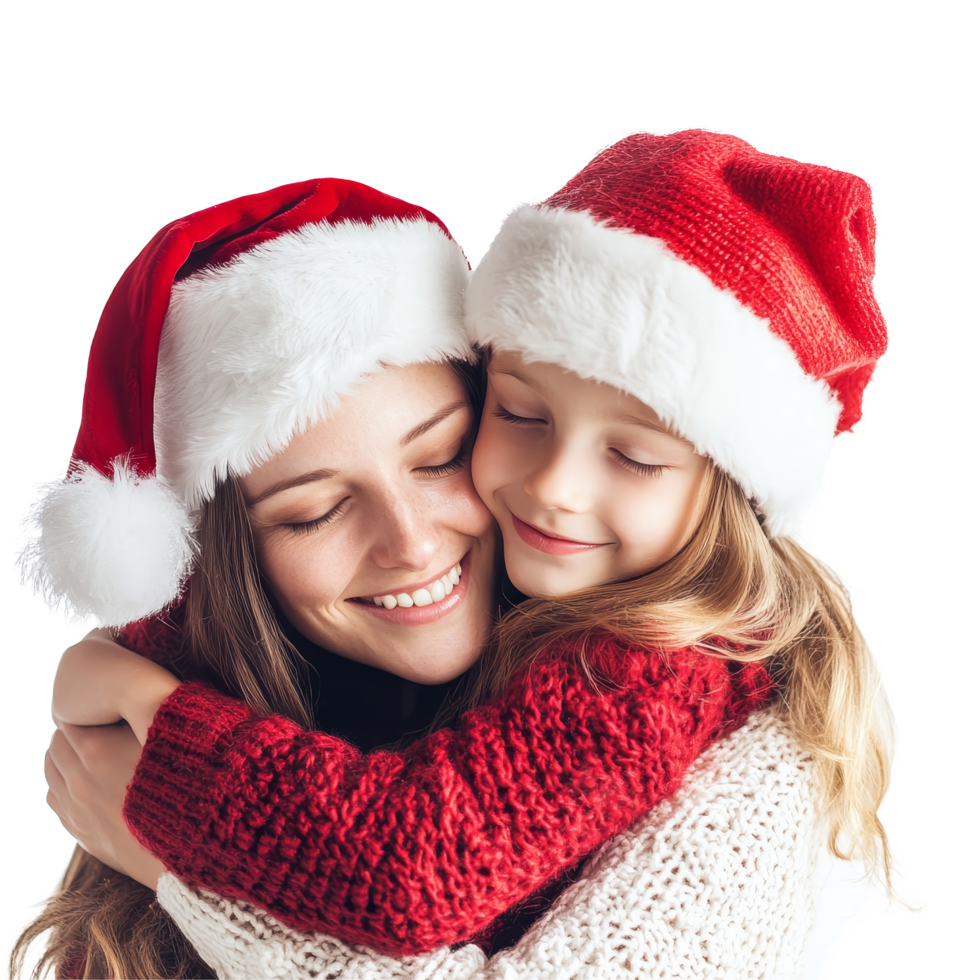 A joyful child embraces her mother while wearing Christmas attire in a festive celebration during the holiday season, Child Girl Hugging Mother in Christmas Attire on transparent background png