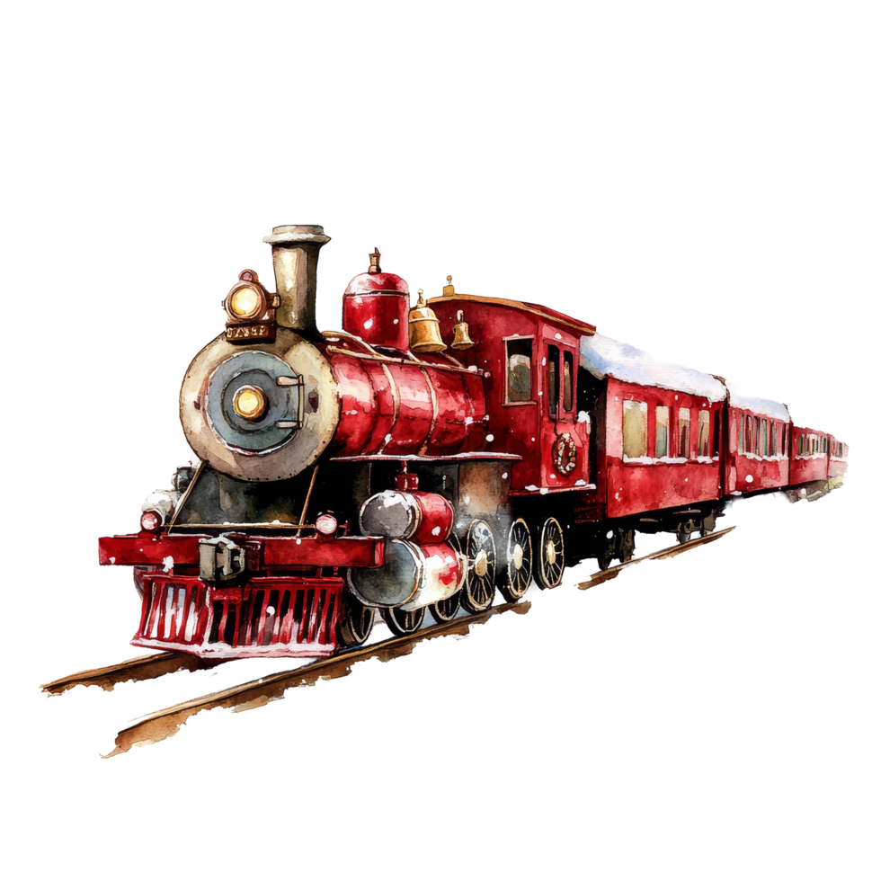 A vibrant watercolor painting of a Santa train traveling through a snowy landscape on a transparent background, Watercolor santas train isolated on transparent background png