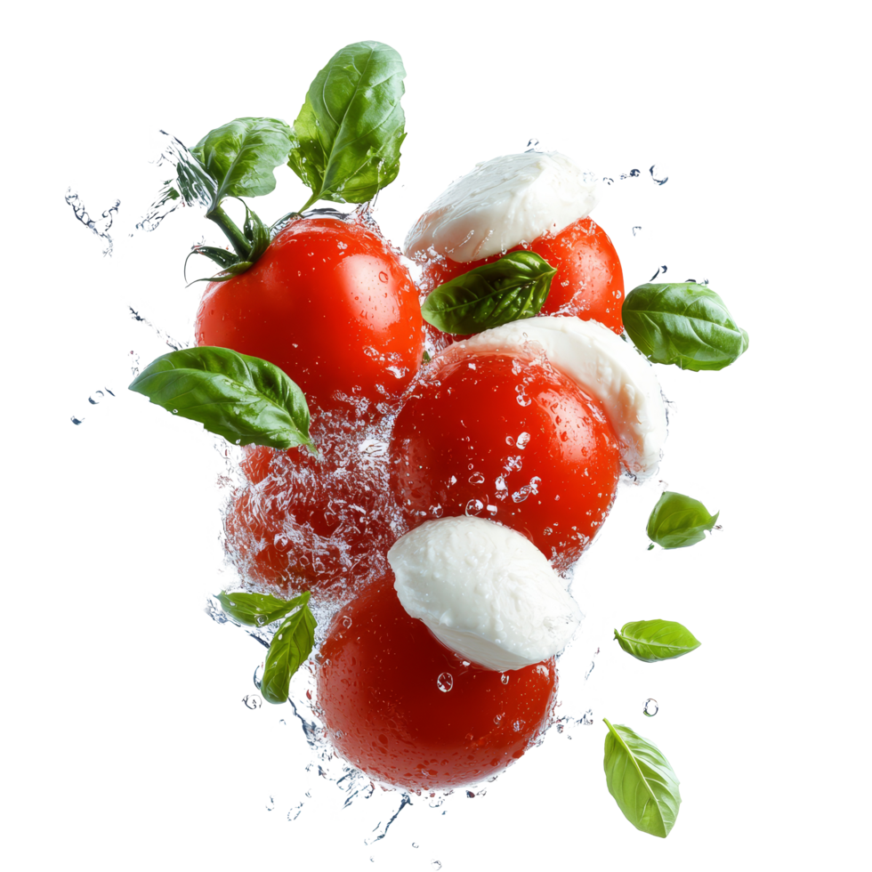Fresh tomatoes, basil, and mozzarella splash into water creating a vibrant culinary scene in a studio setting, tomatoesbasil and mozzarella falling with water splashes isolated on transparent png