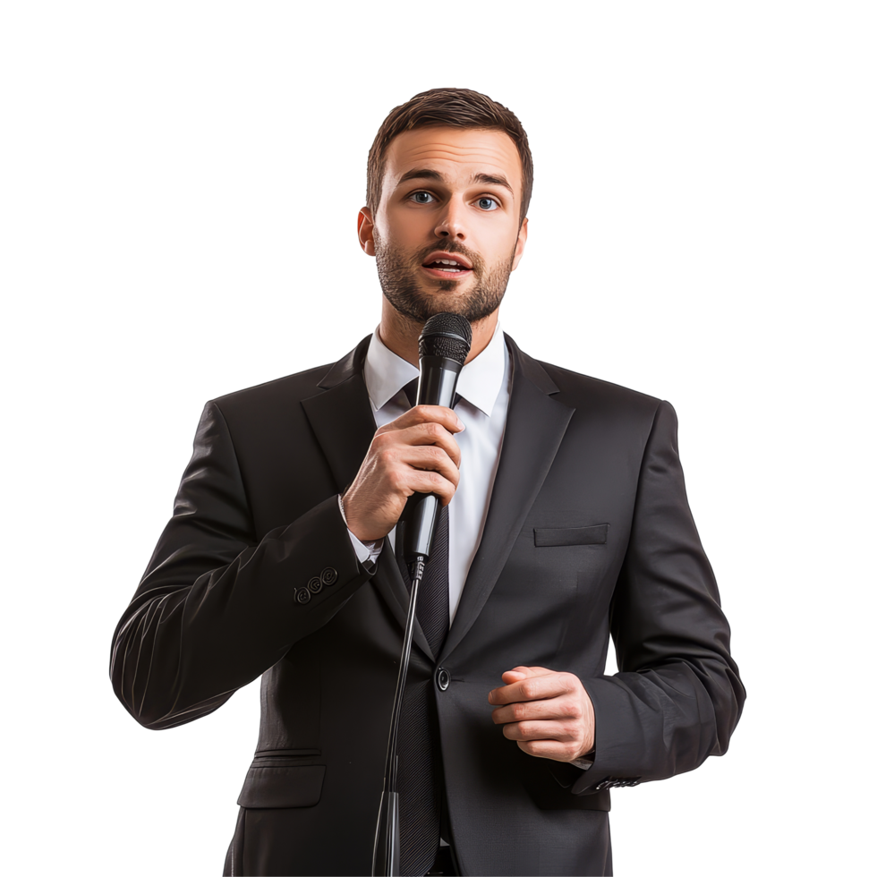 Confident businessman delivers an engaging presentation at a conference, holding a microphone to inspire, Confident Businessman at a conference Speaker with Microphone Isolated on transparent png