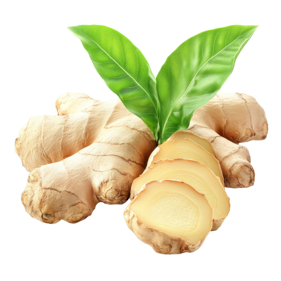 Fresh ginger root with green leaves on a clean transparent background showcasing its natural beauty and culinary versatility, ginger with leaf isolated on transparent background png