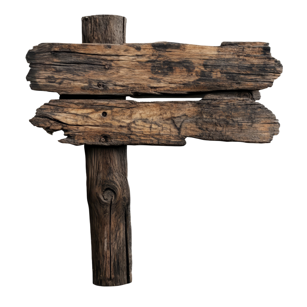 Old rustic wooden signboard standing alone on a transparent background suitable for various signage purposes, old wooden signboard isolated on transparent background png