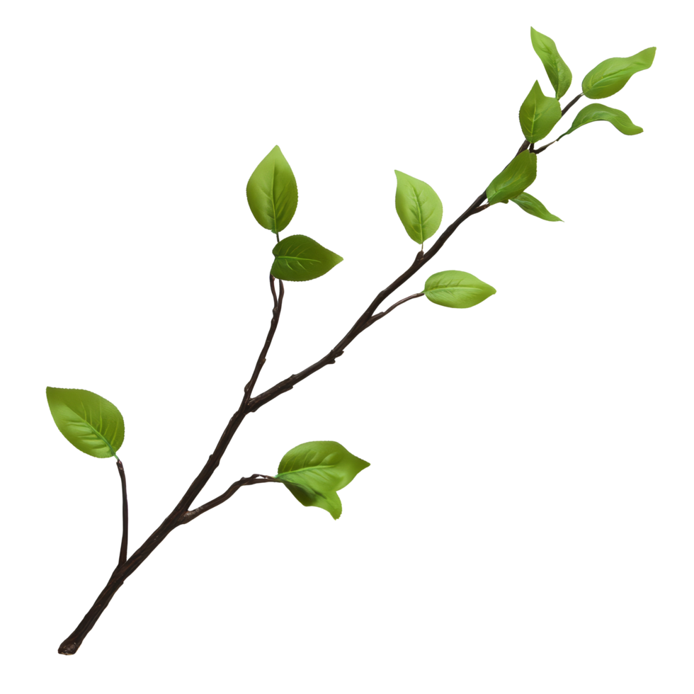 A twig with vibrant green leaves resting against a bright transparent background for a fresh and natural feel, Twig with green leaves on transparent backgroundfile png