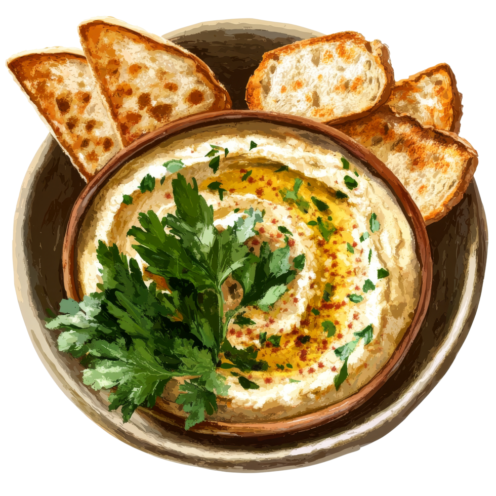 Delicious hummus garnished with fresh greens served with toasted bread on a rustic plate, portion of hummus with greens and toasts png