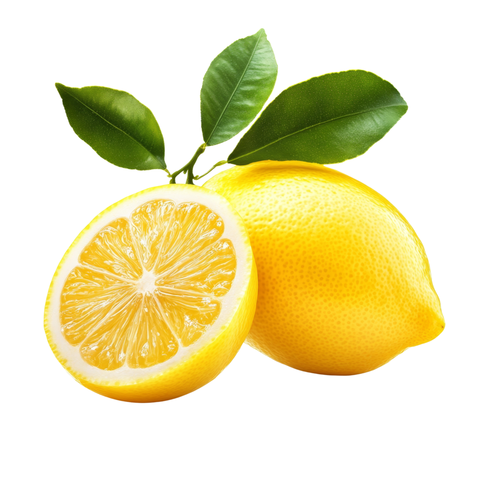 Fresh lemon with vibrant green leaves isolated on a clean transparent background for culinary and decorative use, Lemon with leaves isolated on transparent background png
