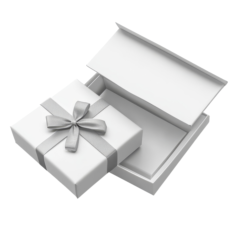 Elegant transparent open gift box with silver ribbon on a simple background ready for special occasions, transparent open gift box png