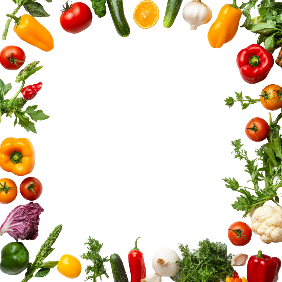 Fresh groceries arranged in a vibrant frame with ample copy space for recipes or menus, Frame made of of fresh groceries and copy space png