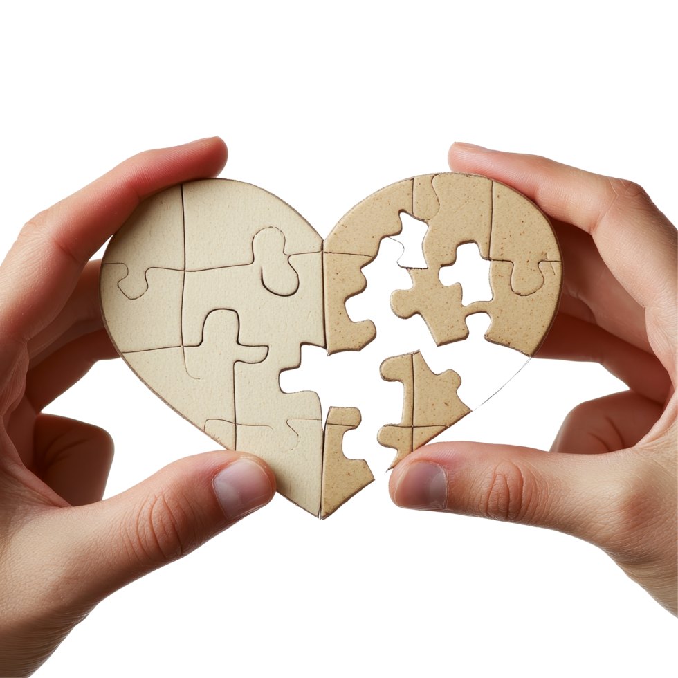 Hands fitting together two interlocking pieces of a puzzle shaped like a heart, symbolizing love and connection, Hands matching two parts of puzzle heart, isolated on transparent png