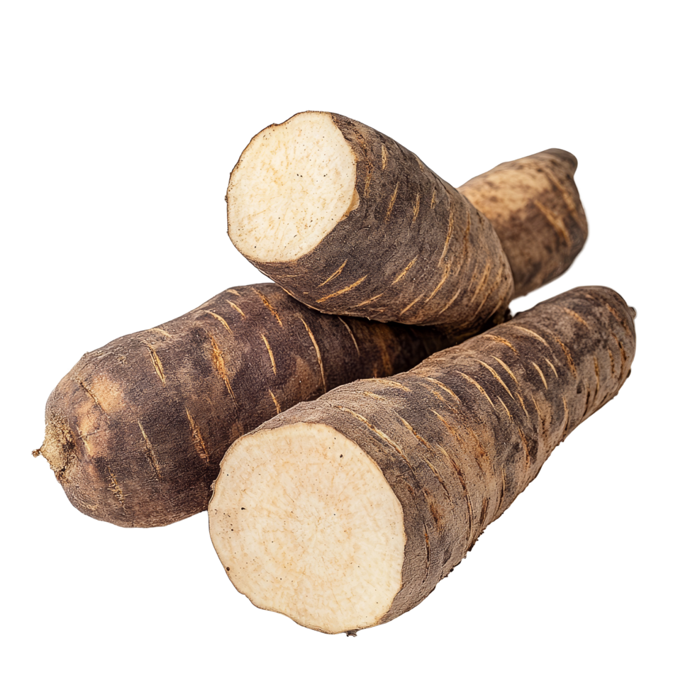 Fresh yams displayed on a clean transparent background, showcasing their earthy texture and natural shapes, yams on transparent background png