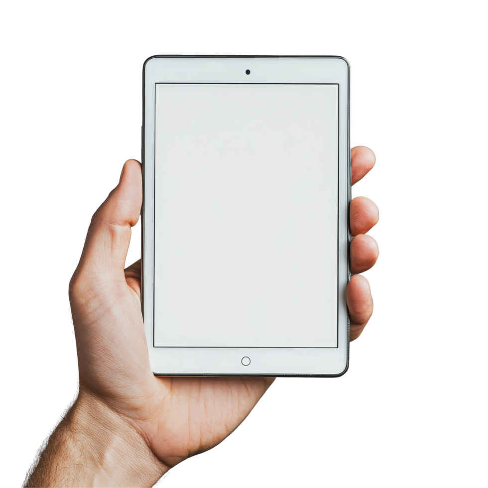 A human hand holds a blank tablet in a neutral setting, showcasing the potential for digital creativity and information, human hand holding tablet with blank transparent background display png