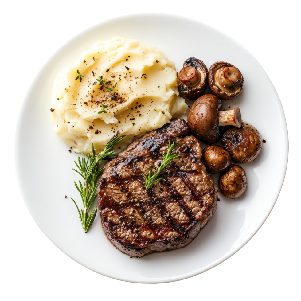 Delicious steak with creamy potato mash and sautaed mushrooms served on a transparent plate, steak dish with potato mash mushroom isolated on transparent background png