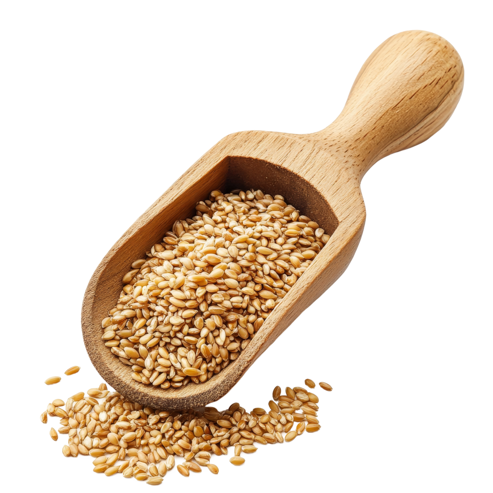 Wooden scoop filled with sesame seeds isolated on a transparent background, Sesame in wood scoop isolated on transparent background png