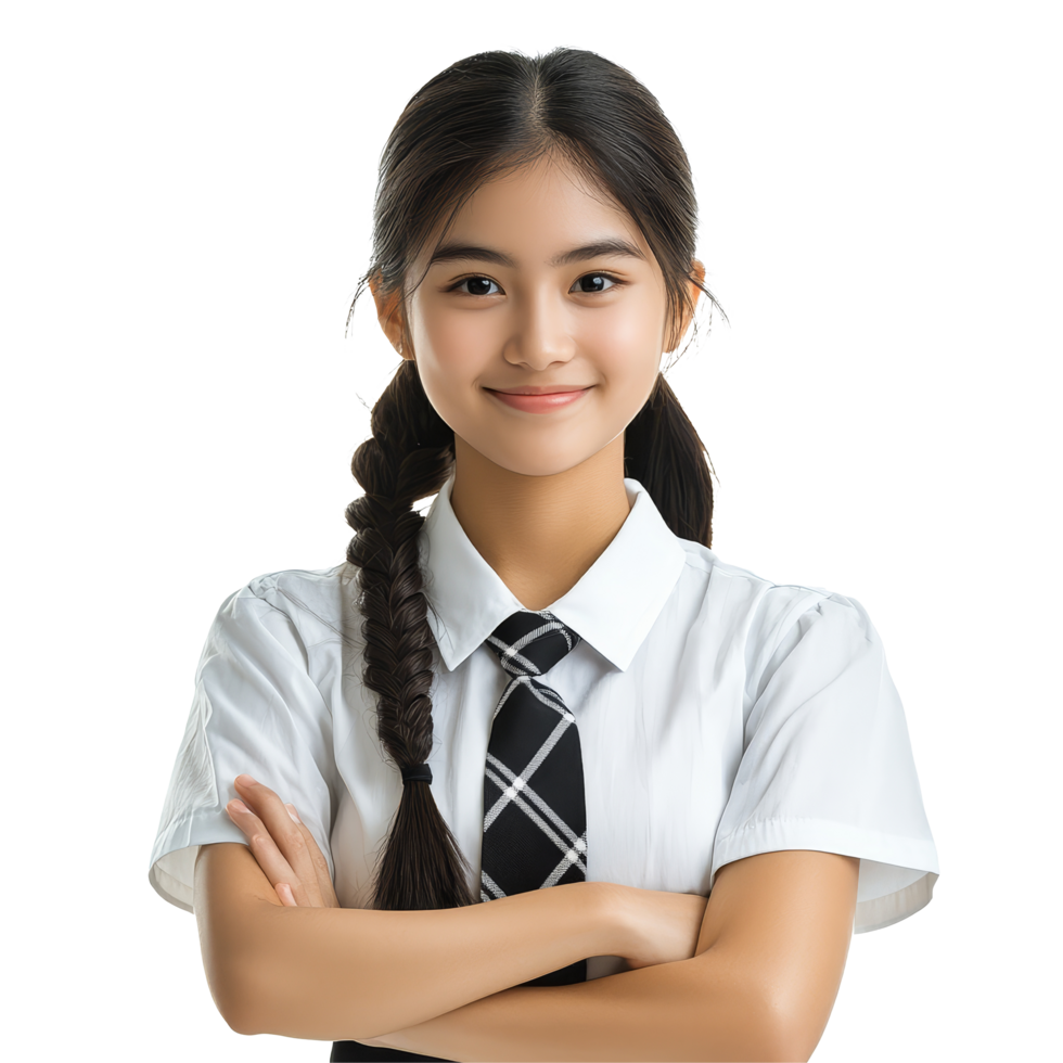 Happy Asian student girl in school uniform, confidently posing for a portrait with arms crossed in bright light, Happy pretty Asian student girl in school uniform isolated transparent background png
