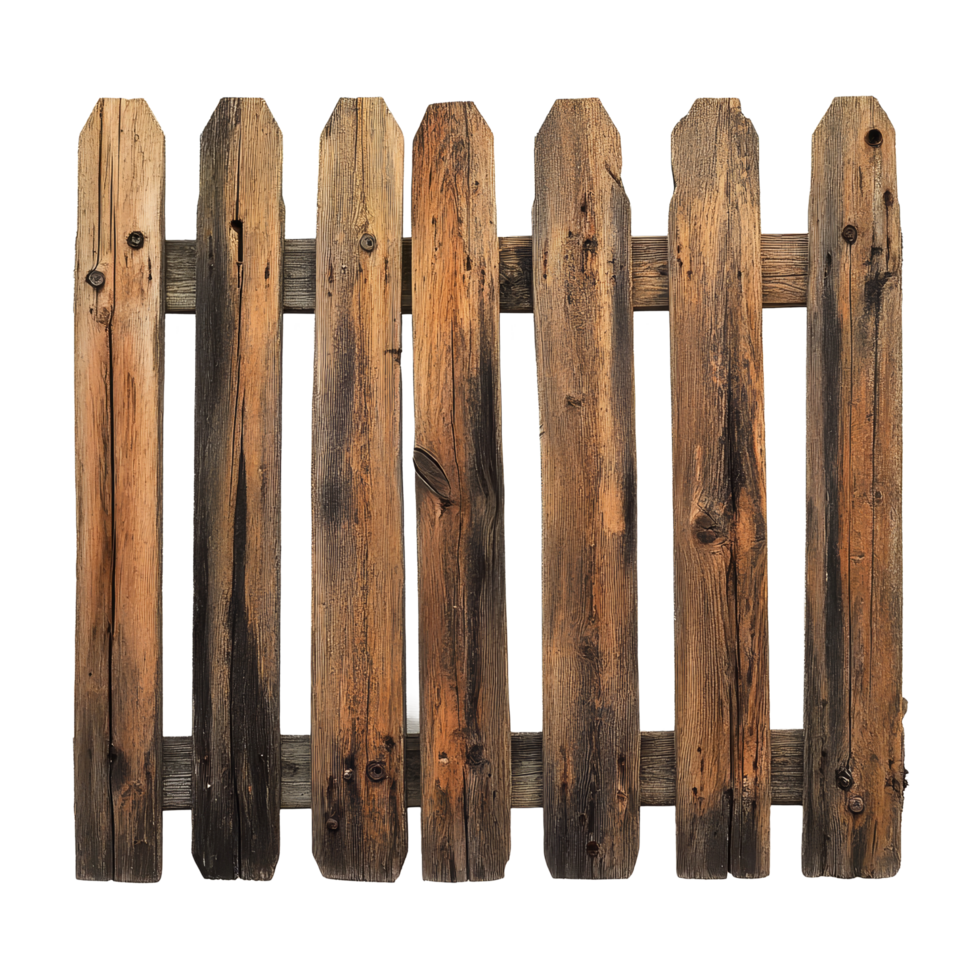 Wooden fence panel against a clean transparent background showcasing rustic charm and natural wood texture, wooden fence on transparent background png