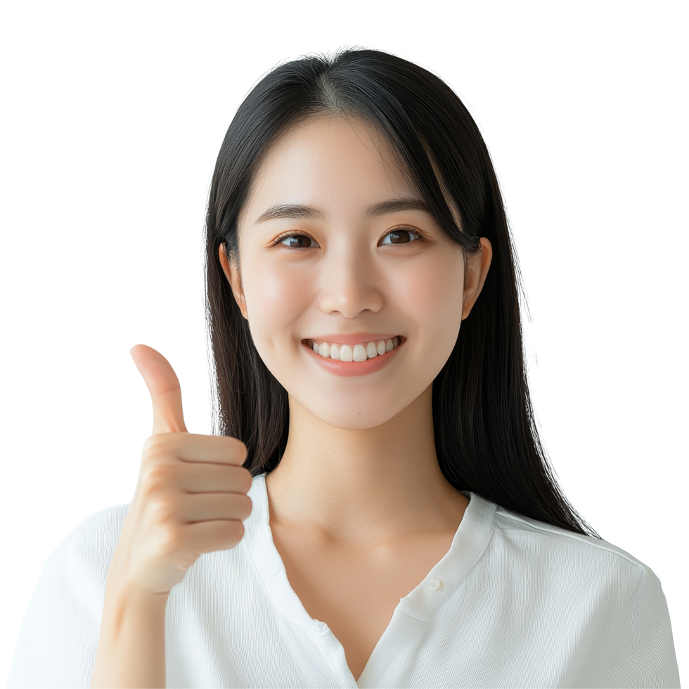 Happy Asian woman giving a thumbs up while smiling in a bright indoor setting during daytime, Portrait happy Asian woman shows thumb up and looking at the camera transparent background png