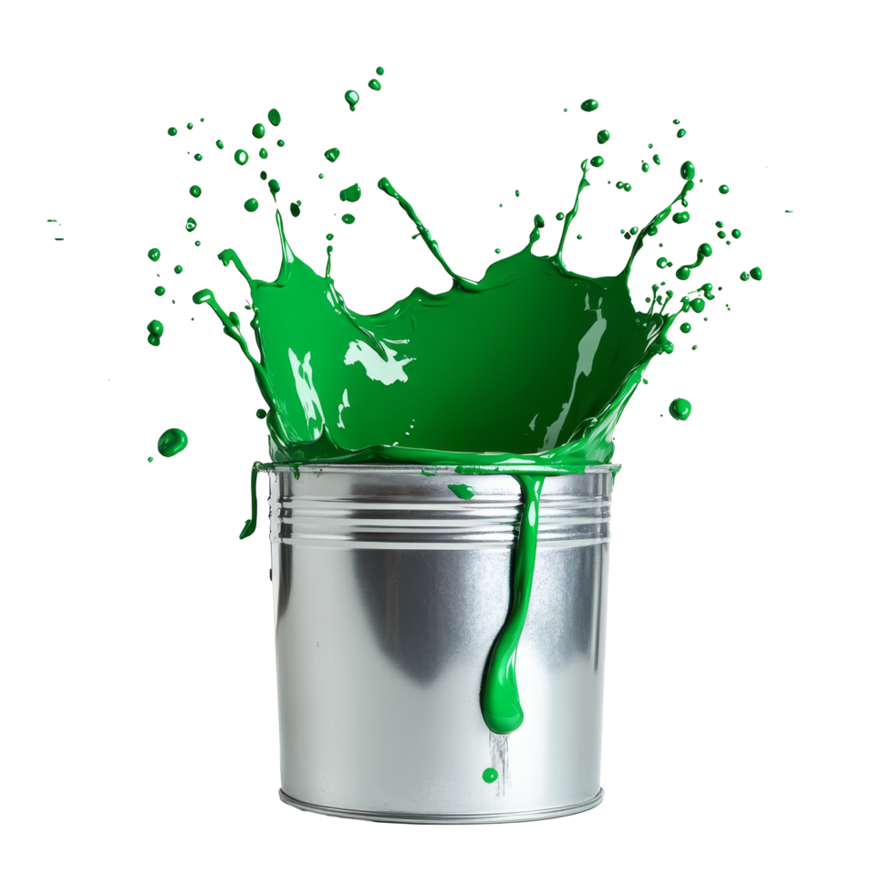 Splashes of vibrant green paint erupting from a shiny silver bucket in an artistic expression of color, green paint splashing from silver shiny paint bucket on transparent background png