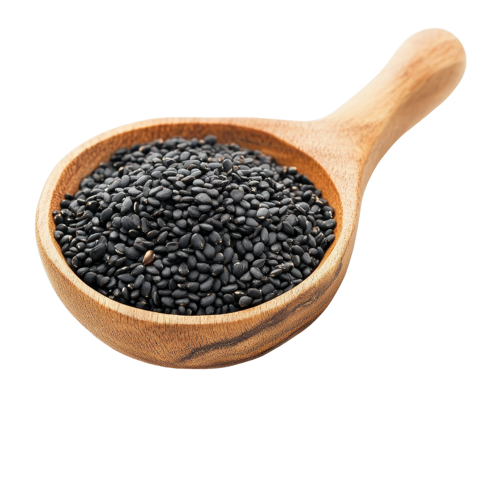 Black sesame seeds in a wooden spoon against a clean transparent backdrop, black sesame isolated on transparent background png