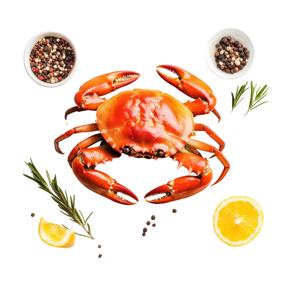 Freshly boiled crabs presented with spices and lemon on a transparent background for culinary delight, Boiled crabs prepared on transparent background png