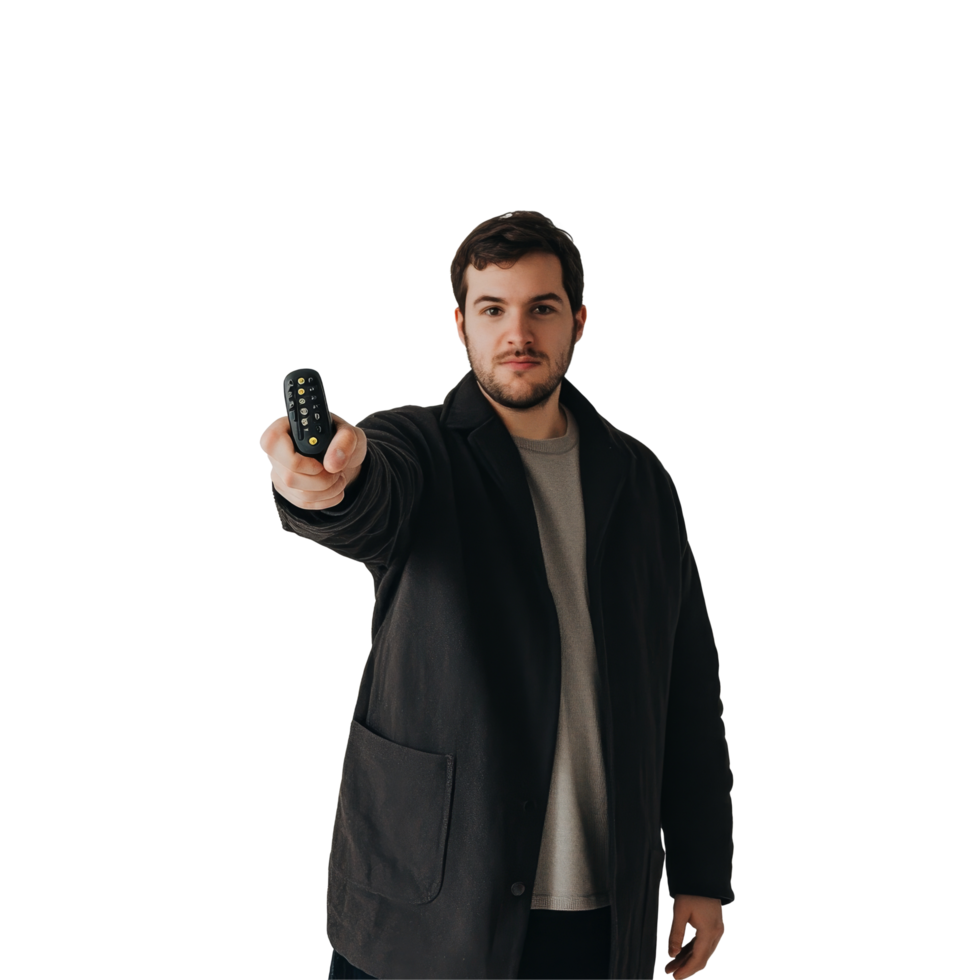 A man confidently holds a remote control in front of a plain transparent background, A man holding remote control on transparent backgroundfile png