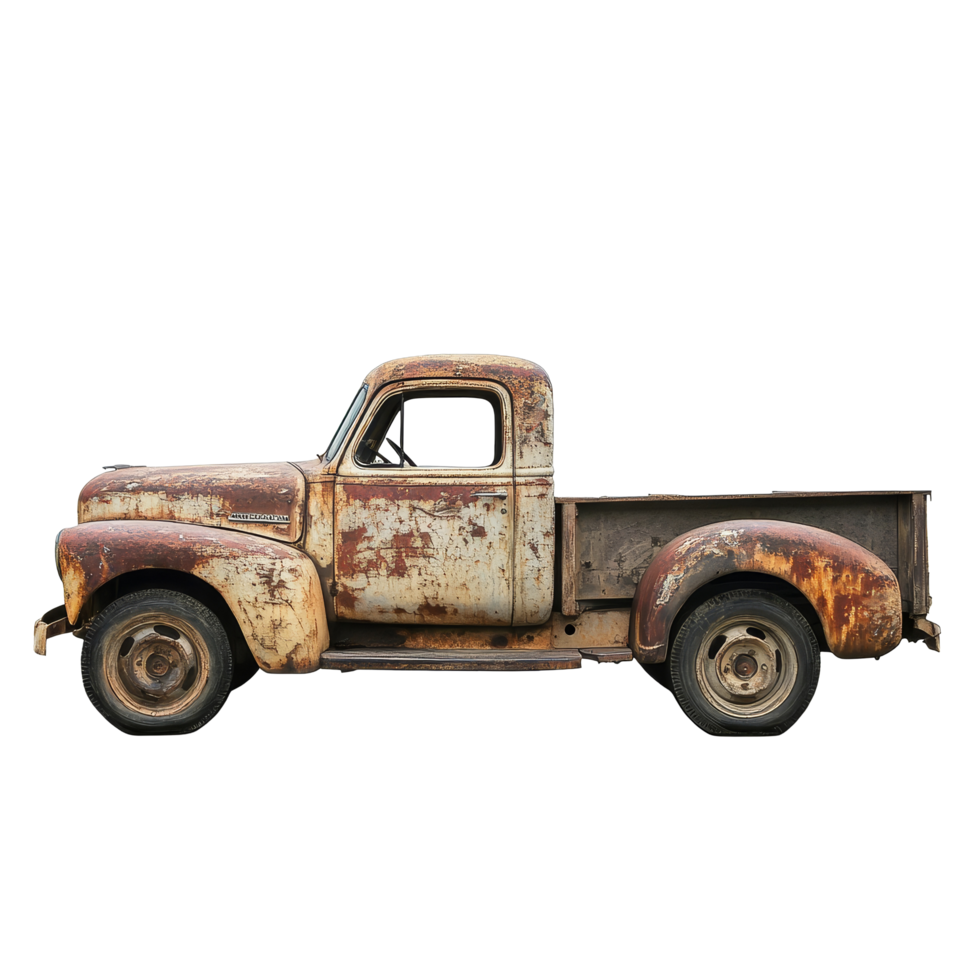 Rusty classic truck parked on a transparent background, highlighting vintage design and weathered texture details, old truck isolated on transparent png