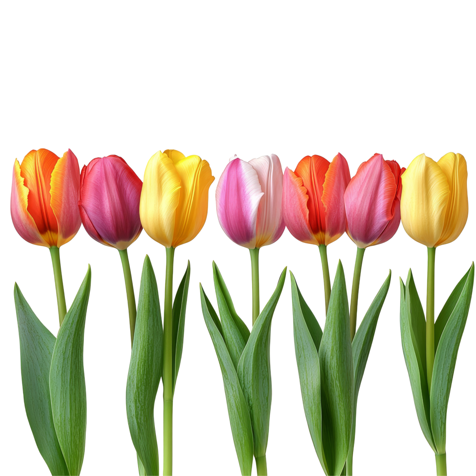 A vibrant row of colorful tulip flowers showcasing natures beauty against a clean transparent background, row of colorful tulip flowers, file of isolated object on transparent background png