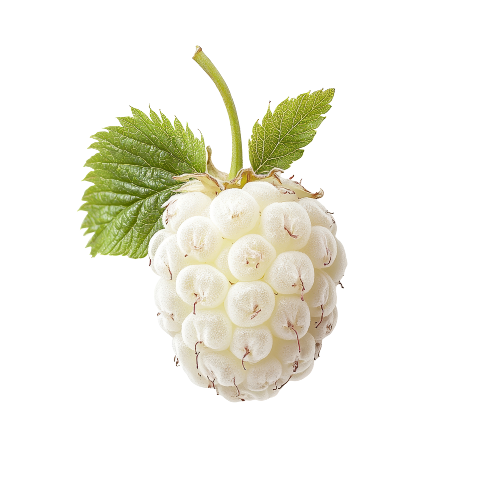 Half transparent raspberry with green leaves on a transparent background highlights its unique color and texture, half transparent raspberry on transparent background png