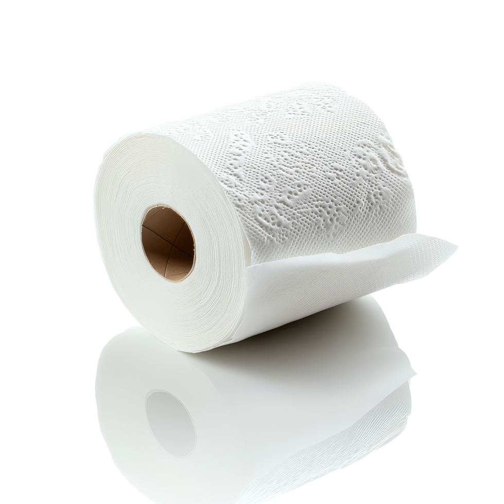 A single roll of toilet paper rests on a bright transparent background in a clean, minimalistic setting showcasing its texture, Toilet paper on transparent background png