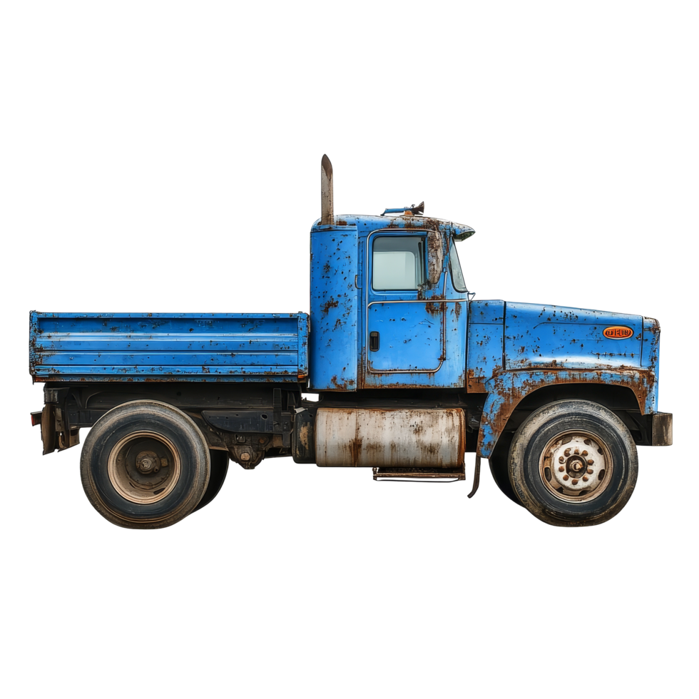 A vintage blue truck isolated on a transparent background showcasing its weathered character, blue truck isolated png
