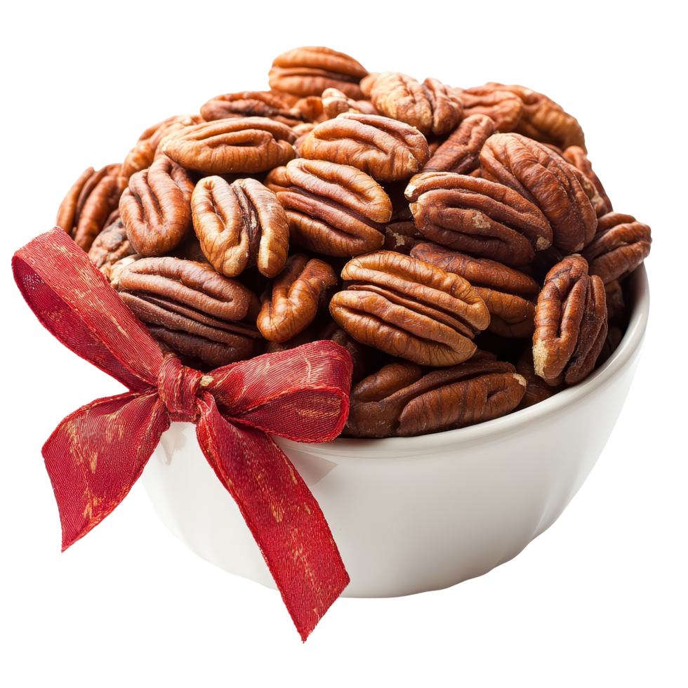 Freshly harvested pecans in a transparent bowl with a decorative ribbon on a clean transparent background, Fresh pecans in a bow lon a transparent background png