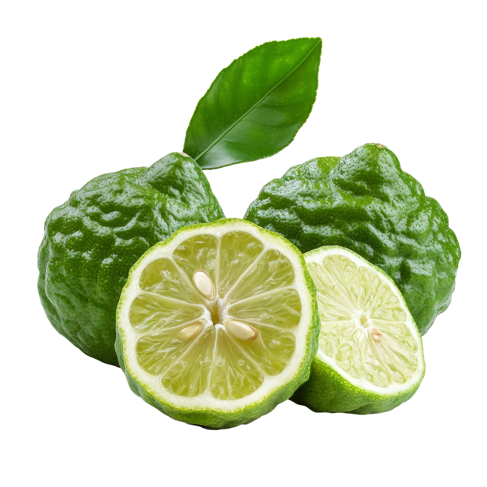 Fresh bergamot fruit cut in half showcasing its distinct texture and vibrant green color, ripe bergamot isolated on transparent background png