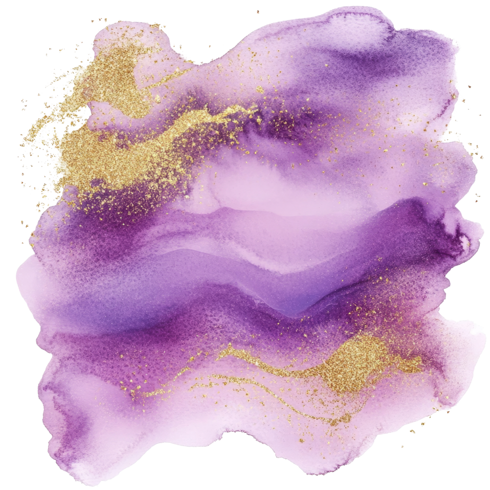 Mauve purple watercolor abstract with shimmering golden glitter on textured paper background, mauve liquid purple with golden glitter lines isolated on transparent background png