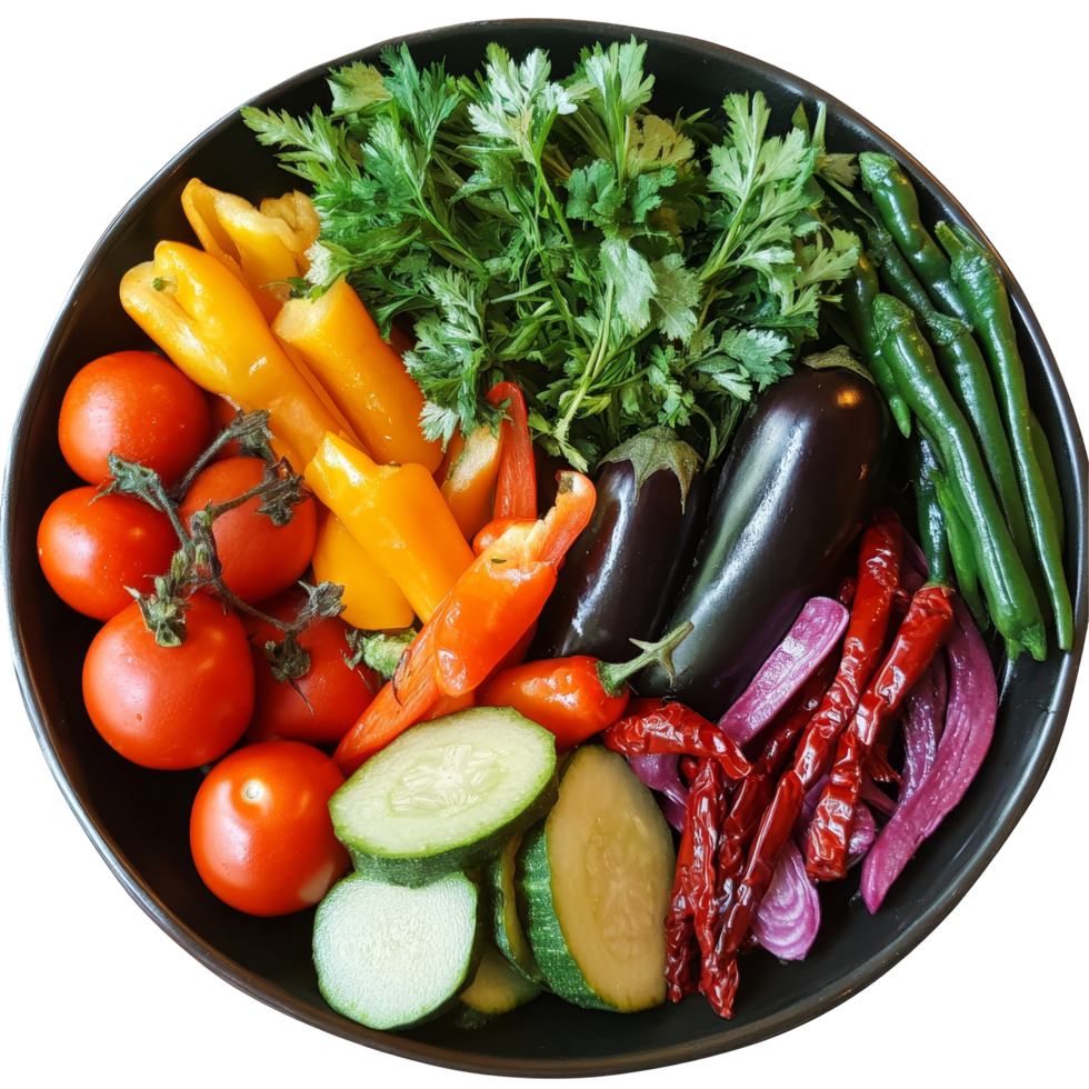 Colorful platter of fresh vegetables including tomatoes, peppers, and herbs arranged for a healthy meal preparation, Plate of fresh vegetables caucasian platter png