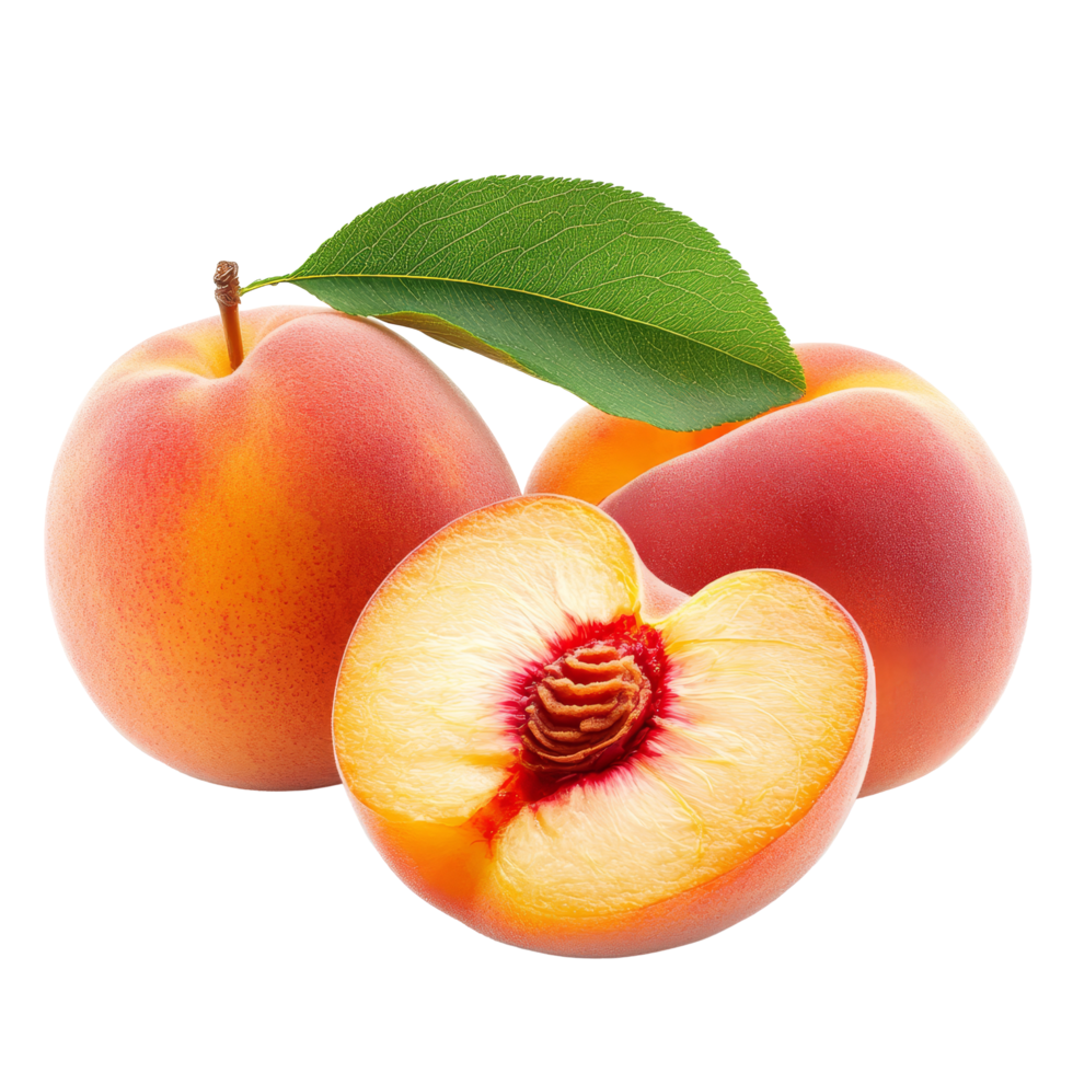 Fresh and juicy peaches with one sliced piece and vibrant green leaf on a bright transparent background, tasty peaches isolated on transparent background png