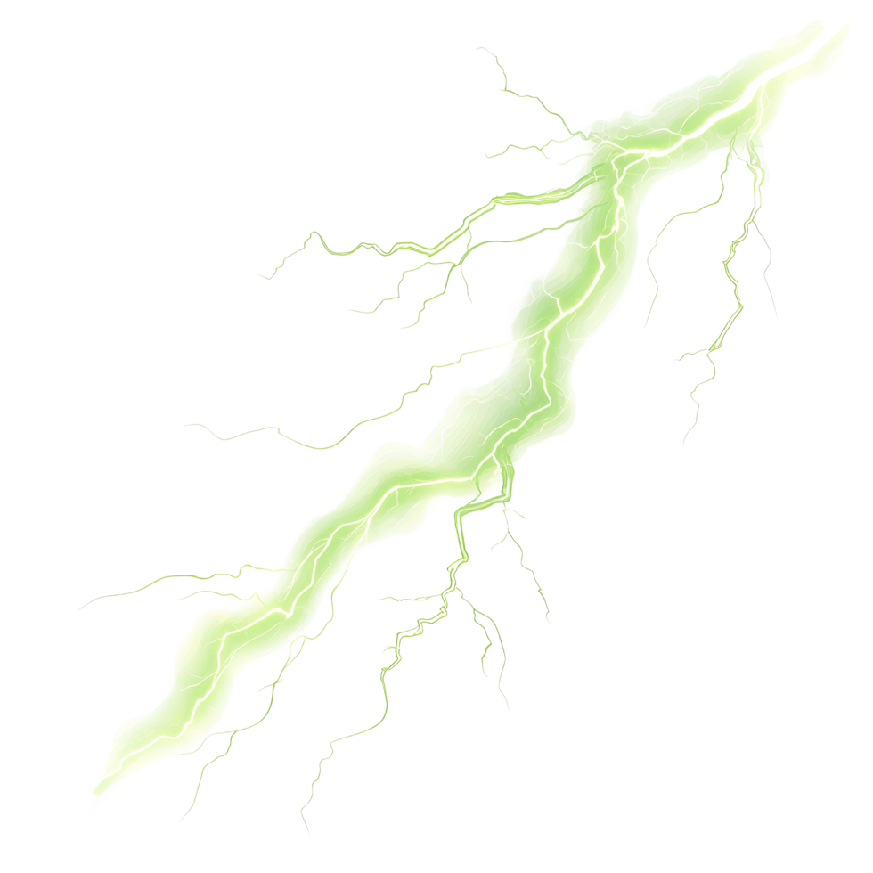 Light green electric lightning bolt isolated on a clean transparent background representing energy and power, light green electric lightning isolated on transparent background png
