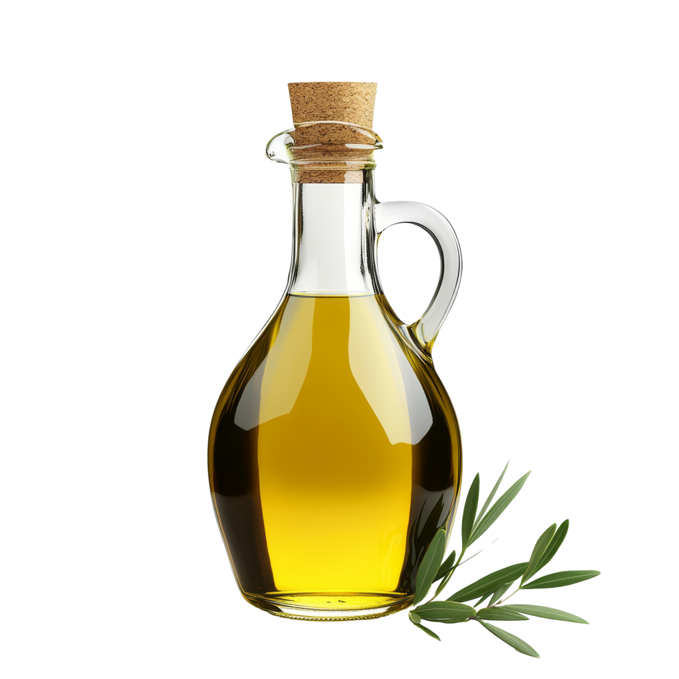 Elegant olive oil bottle with a cork stopper on a transparent background, showcasing its rich, golden hue and natural design, Olive oil bottle on a transparent background png