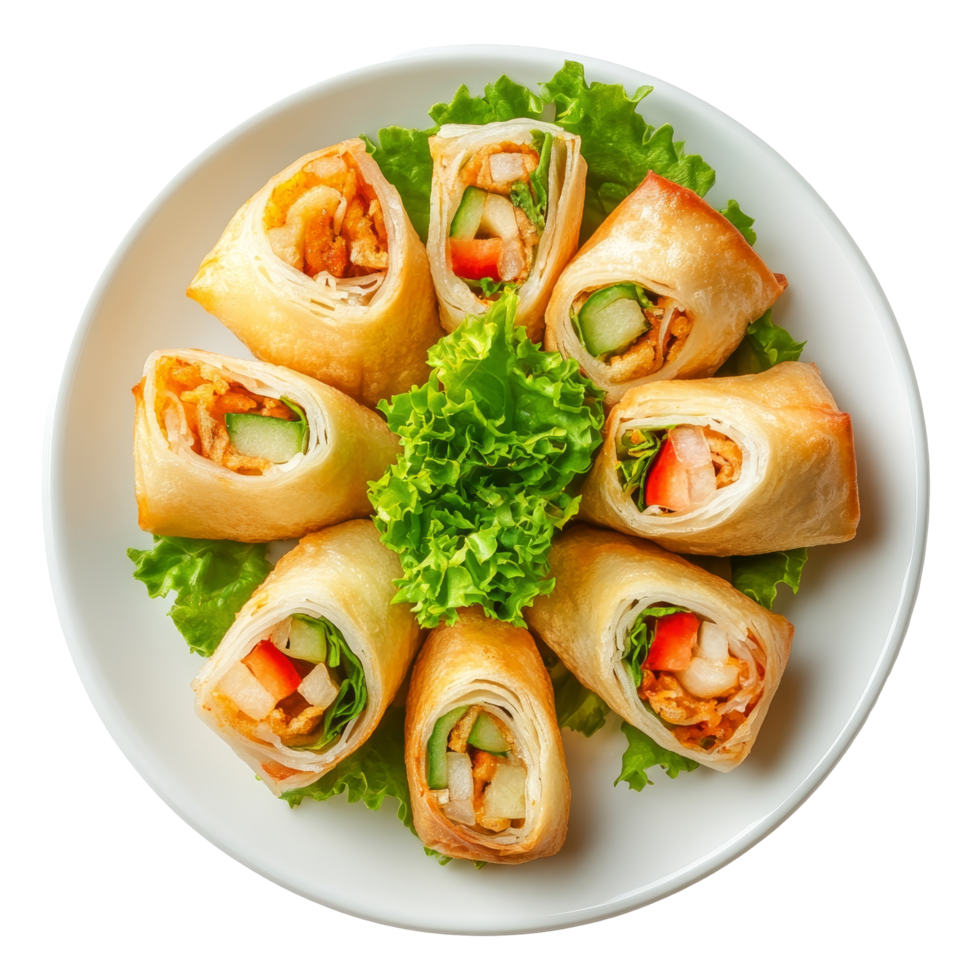 Delicious spring rolls served on a plate with fresh lettuce on a bright transparent background, Spring rolls food in a plate isolated on transparent background png