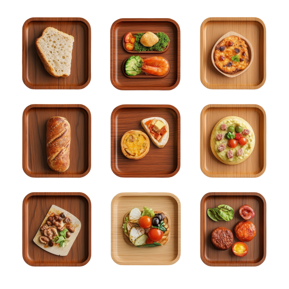 Collage of assorted wooden food trays featuring delicious meals laid out on a neutral background, wooden food trays collage set png